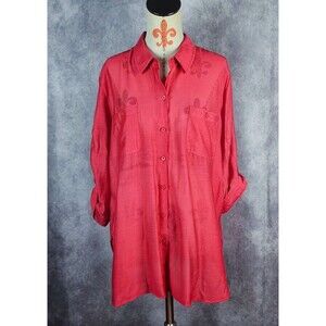 Chicos Sz 3 Milania Button-Down Shirt Rayon Nylon Roll Tab Sleeve Semi Sheer Red